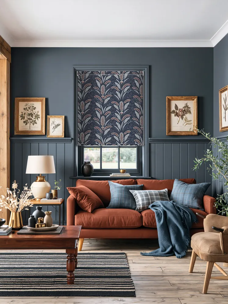 New Heritage Collection - Midnight Garden Blackout Navy Roller Blind in a living room setting