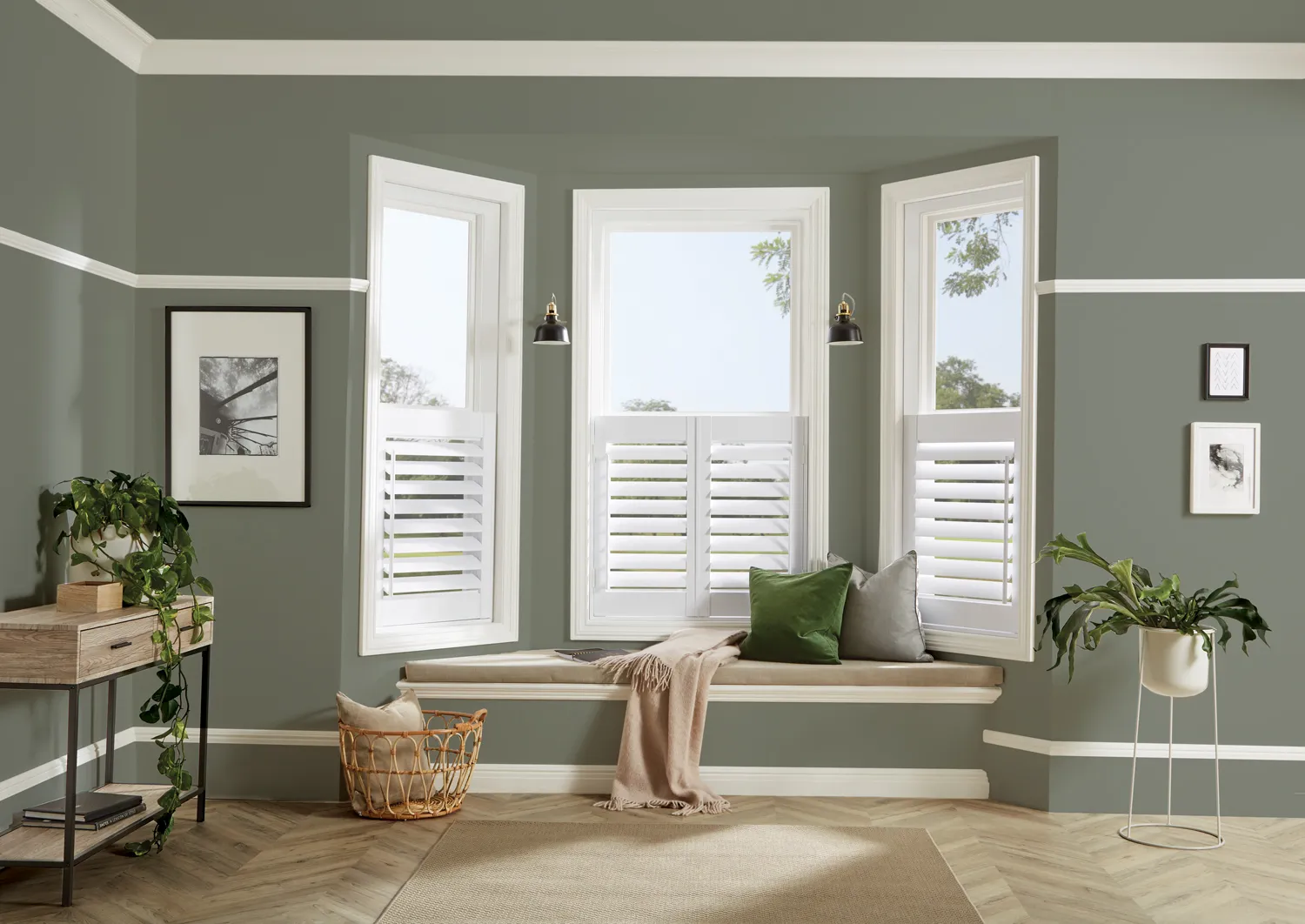 LL Shutters Arctic 89mm Moda L Frame Cafe Bay Window Seat Main Open Dark Green