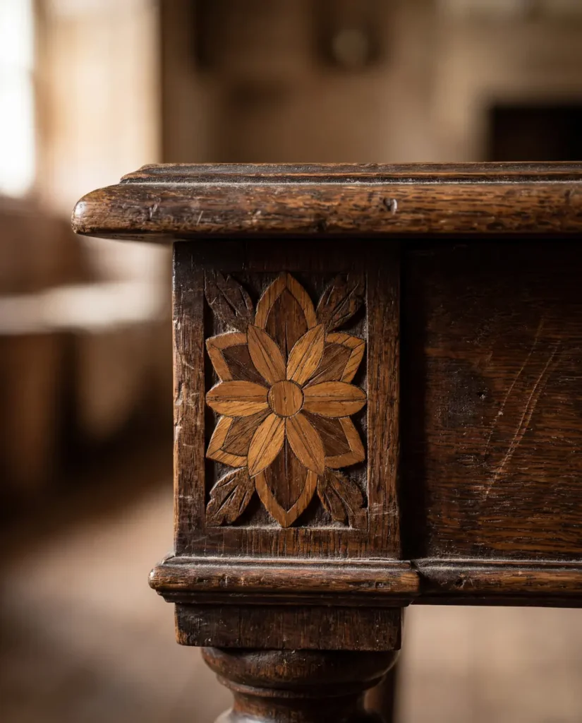 Wooden Table Floral Engraving Detail