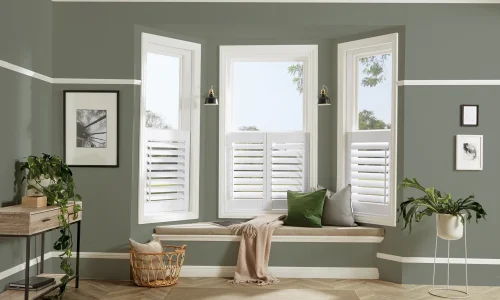 LL Shutters Arctic 89mm Moda L Frame Cafe Bay Window Seat Main Open Dark Green